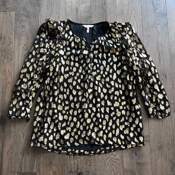 Rebecca Taylor Silk Ruffle Blouse Size 4 Black Gold Metallic Designer Top - Picture 2 of 7